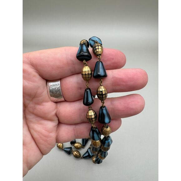 Vintage West Germany Two Strand Gold and Blue Bead Necklace - Picture 10 of 13